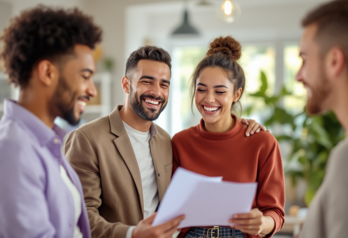 Happy people reviewing insurance documents